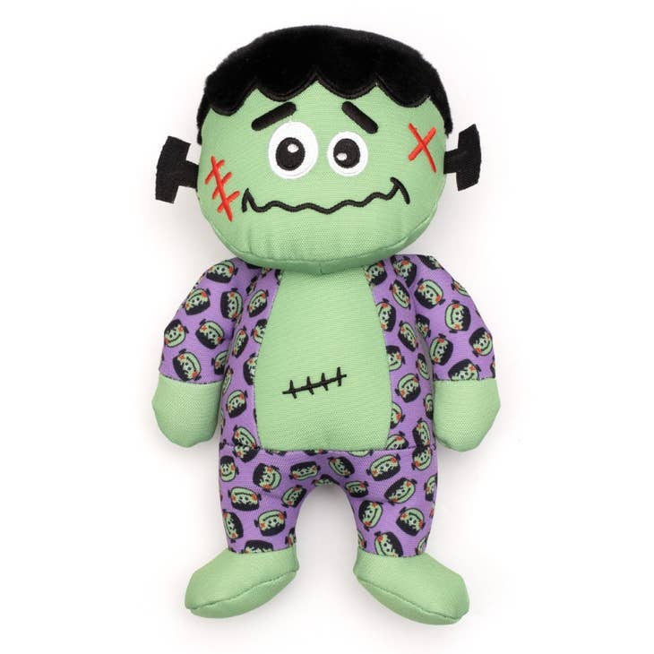 A Frankenstein shaped plush dog toy