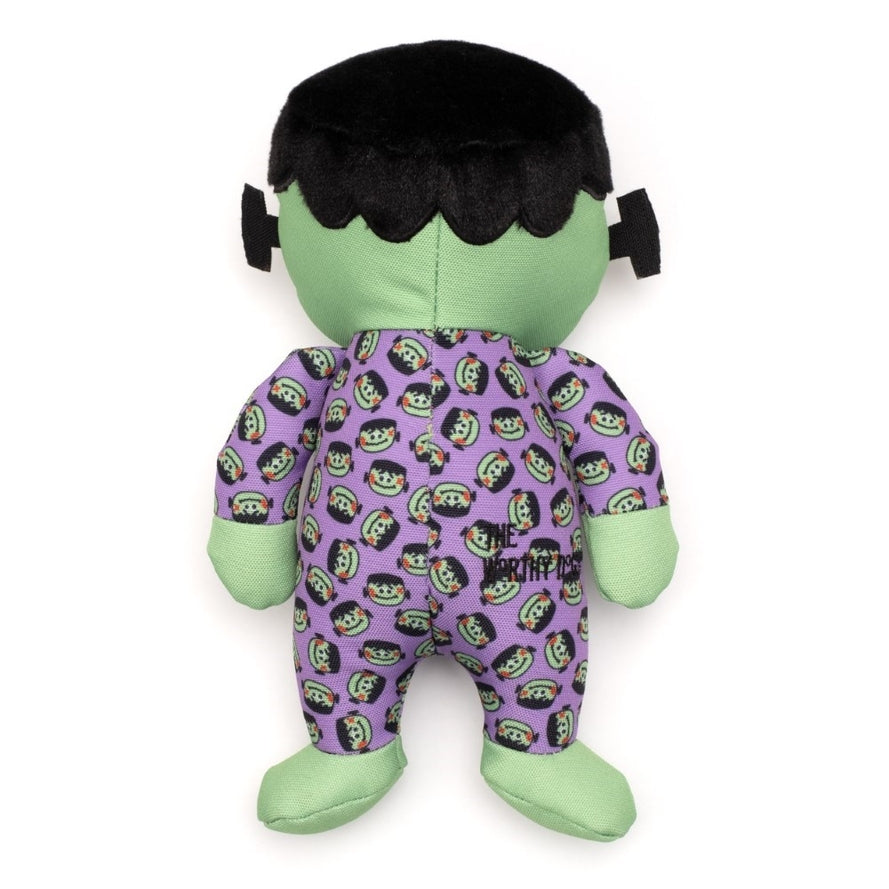 A Frankenstein shaped plush dog toy showing just the back side