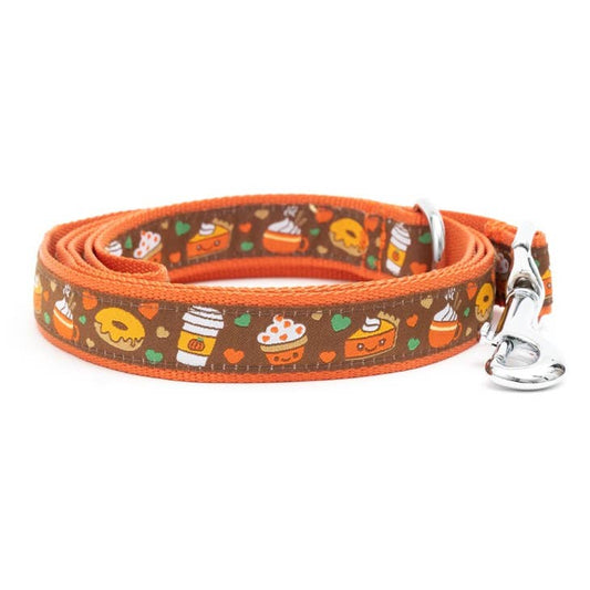 Dog leash with orange background and brown ribbon with cupcake, pumpkin spice latte, and donuts