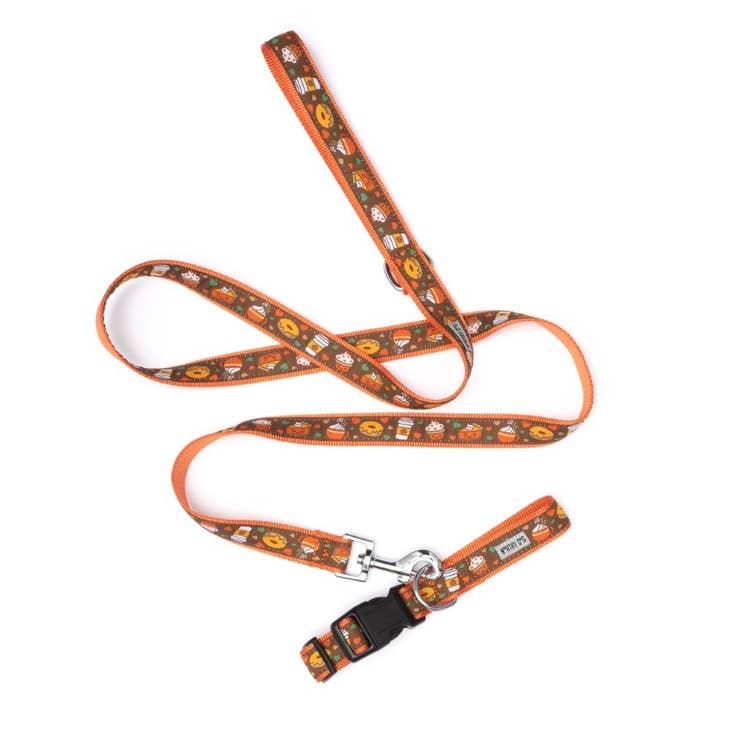 Dog Collar with orange background and brown ribbon with cupcake, pumpkin spice latte, and donuts