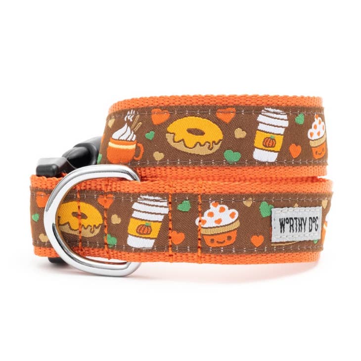 Dog Collar with orange background and brown ribbon with cupcake, pumpkin spice latte, and donuts