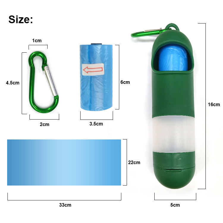 A poop bag dispenser with a container to add hand sanitizer and the dimensions