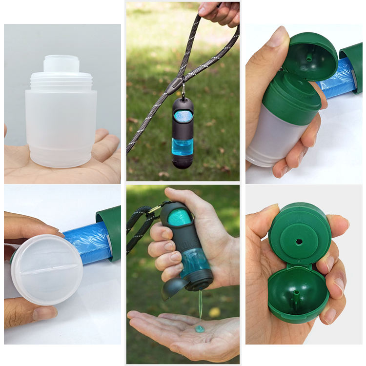 A poop bag dispenser with a container to add hand sanitizer showing how to unscrew the container and add the sanitizer