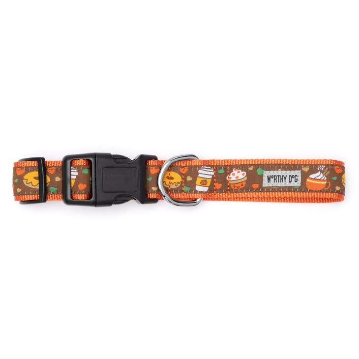 Dog Collar with orange background and brown ribbon with cupcake, pumpkin spice latte, and donuts