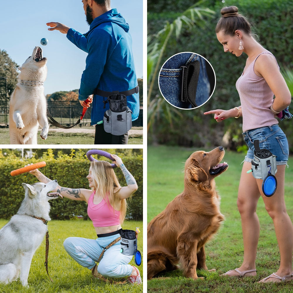 Gray treat pouch with waist strap with images showing how it can be used